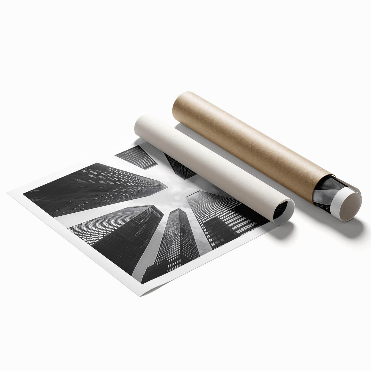 Extra large rolled print featuring a grayscale architectural skyscraper design, ideal for classy bathroom wall art.