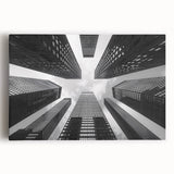 Black and white photo of a skyscraper on stretched canvas, suitable for kitchen wall art.
