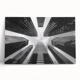Black and white photo of skyscrapers on stretched canvas, ideal for kitchen wall art or bedroom.