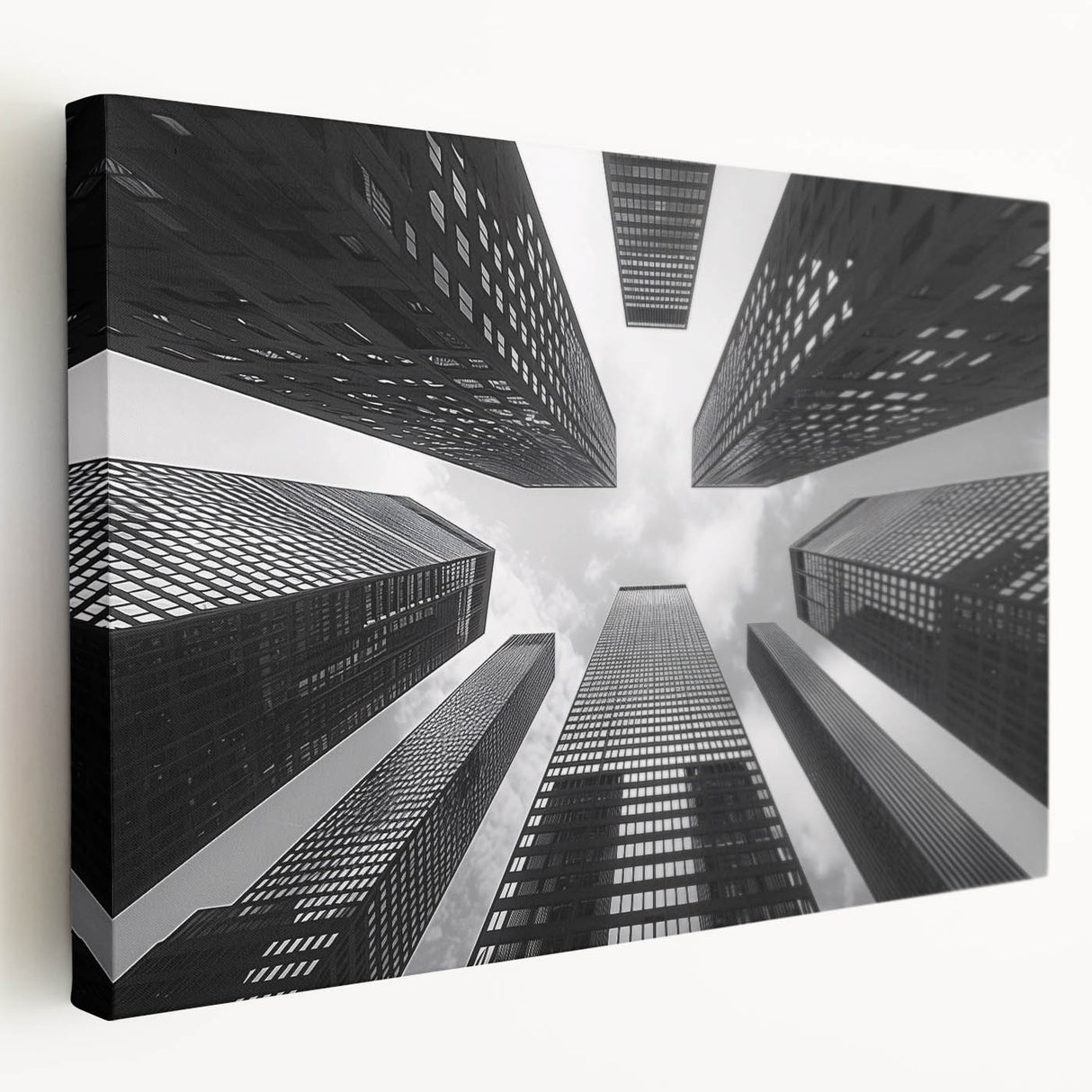 Side view of a large art print on stretched canvas depicting a detailed skyscraper design, ideal for kitchen wall art.