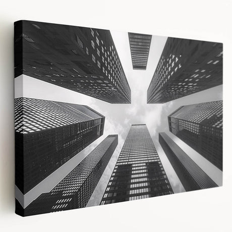 Side view of a large art print on stretched canvas depicting a detailed skyscraper design, ideal for kitchen wall art.