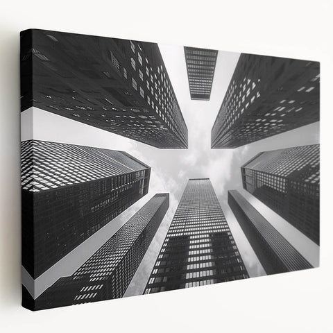 Side view of a large art print on stretched canvas depicting a detailed skyscraper design, ideal for kitchen wall art.