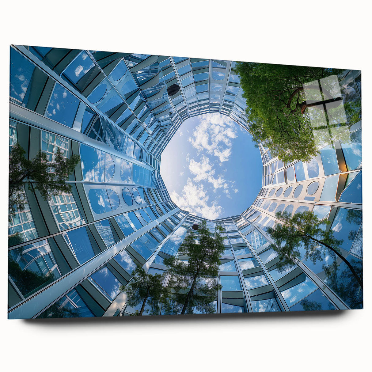 Large abstract wall art of skyscrapers in muted metallic tones on acrylic glass.