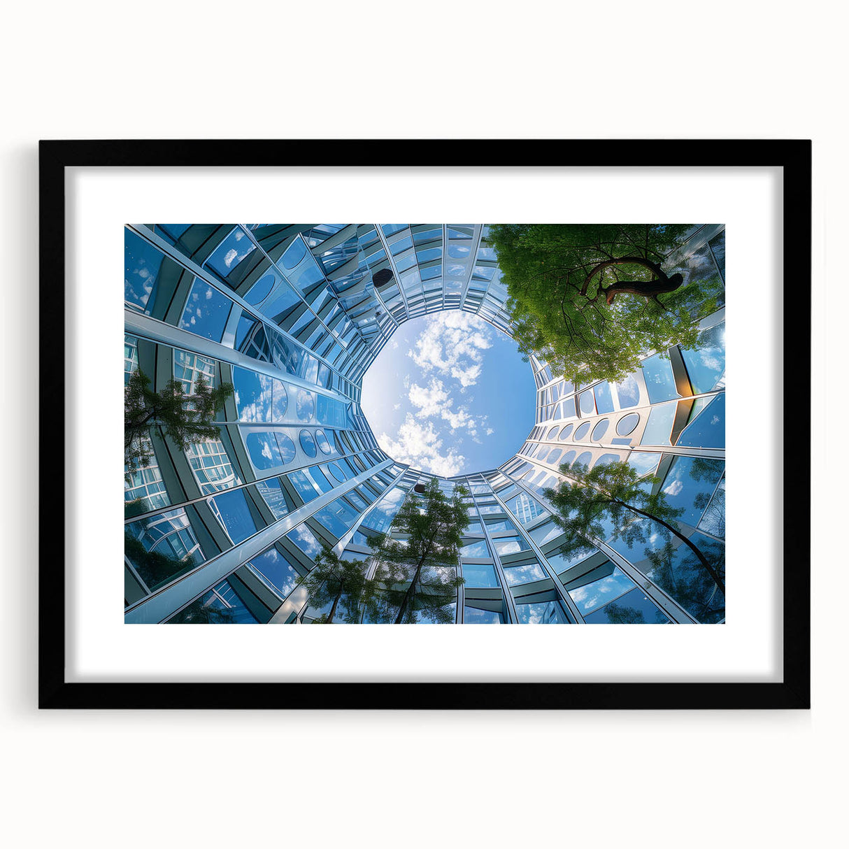Extra large abstract art print featuring colorful, textured skyscraper designs on a black framed canvas.