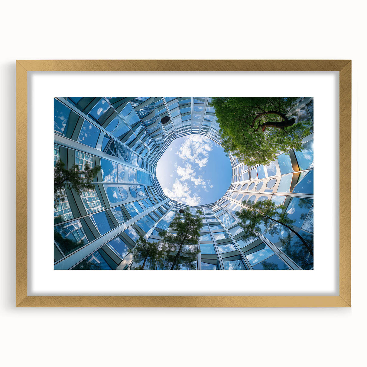 Textured abstract art print of skyscrapers in muted gray tones on a framed gold mat, suitable for bedroom decor.