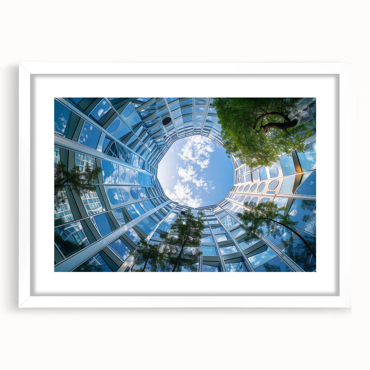 Extra large abstract art print of skyscrapers, in muted gray and blue tones on a white framed canvas.