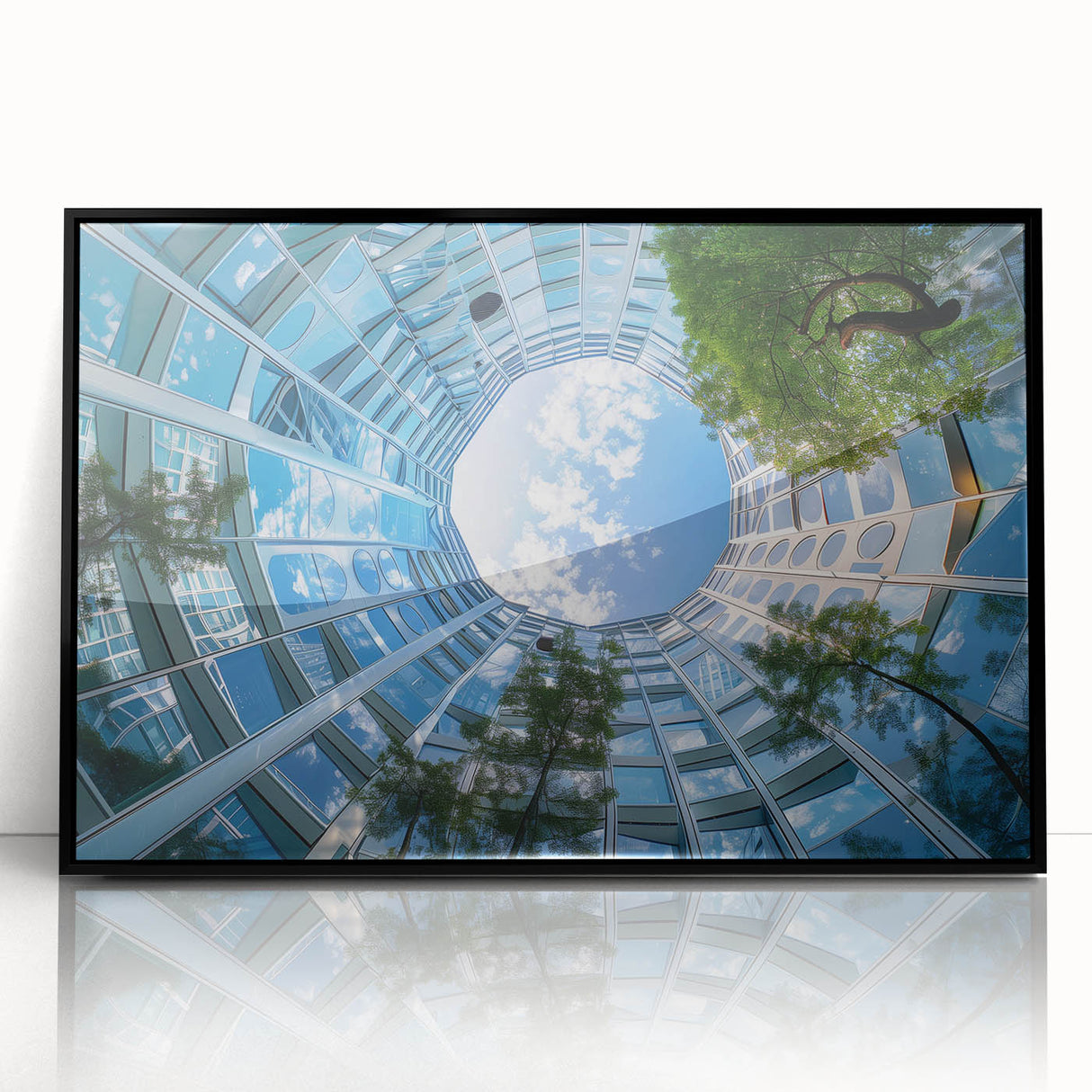 Large abstract wall art featuring black and white skyscraper design, framed in acrylic, suitable for modern art wall decor.