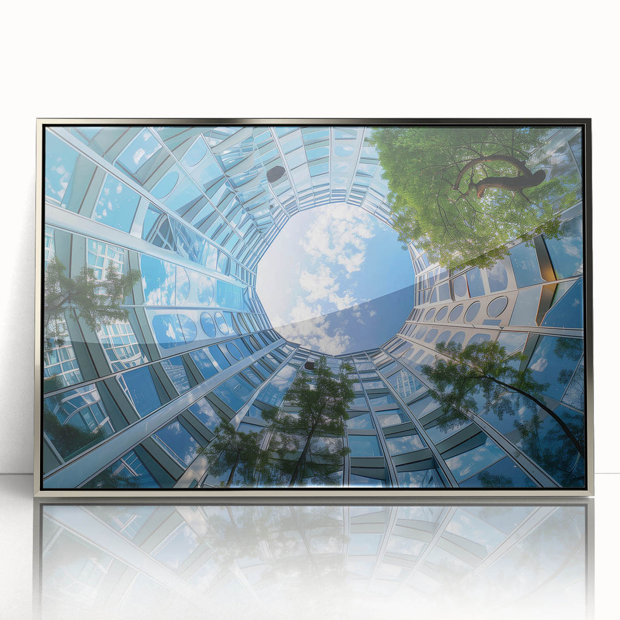 Art deco style poster of a skyscraper, in silver framed acrylic, suitable for modern art wall decor.