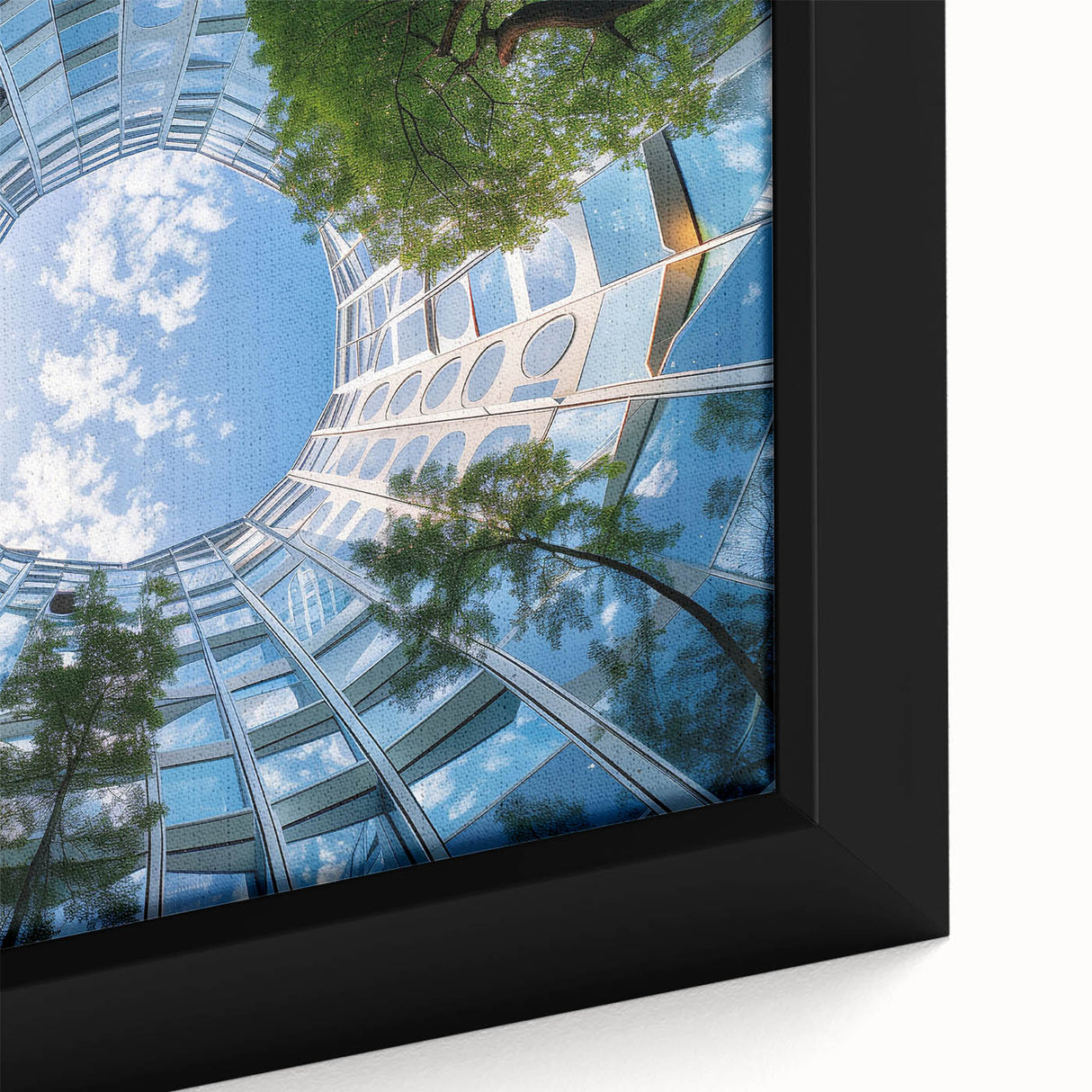 Close-up of a textured, extra large black wall art featuring colorful abstract skyscraper design on framed canvas.