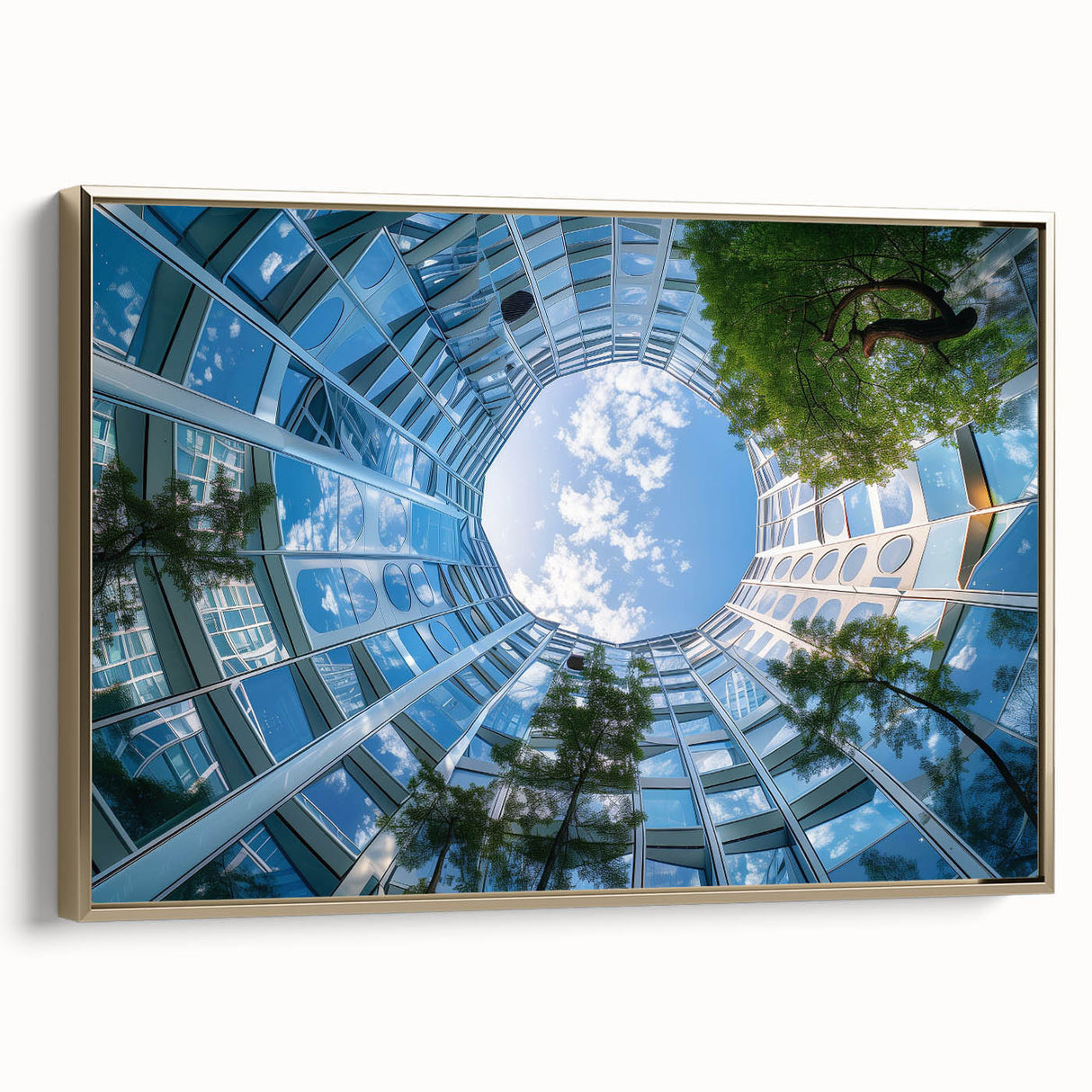 Framed canvas featuring a vintage poster of a colorful landscape with skyscrapers, primarily in black and gold tones.