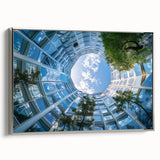 Vintage poster art of a skyscraper, featuring black and colorful hues on a large framed canvas, ideal for living room decor.
