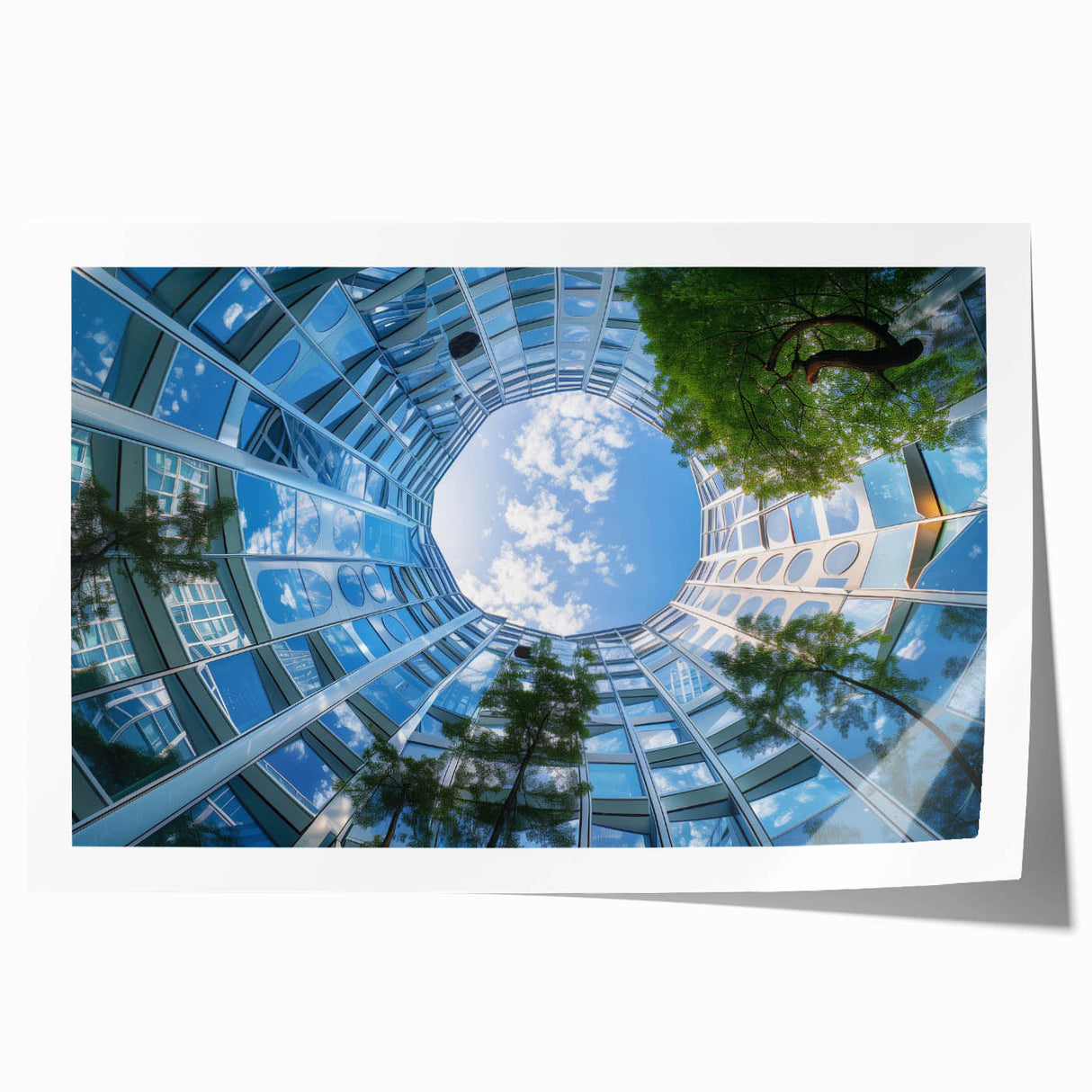 Rolled print of a skyscraper design in grayscale, suitable as art wall for dining rooms or large bathroom spaces.