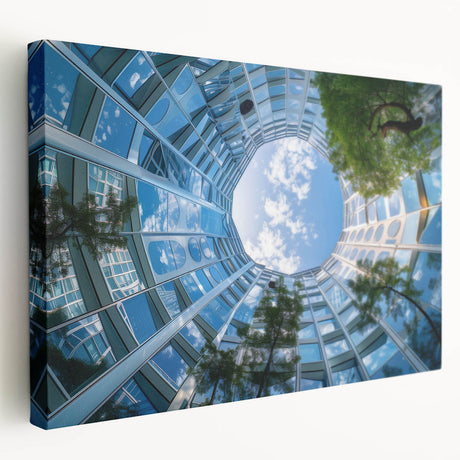 Architectural skyscraper design on stretched canvas, featuring geometric shapes in gray tones, suitable for kitchen wall art.
