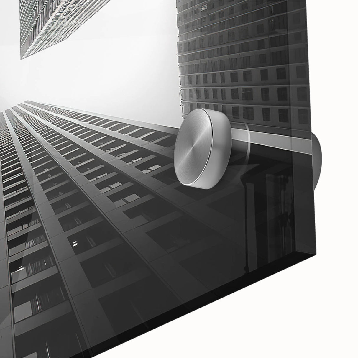 Large abstract wall art featuring mid-century modernist skyscrapers in muted gray and blue tones, acrylic print.