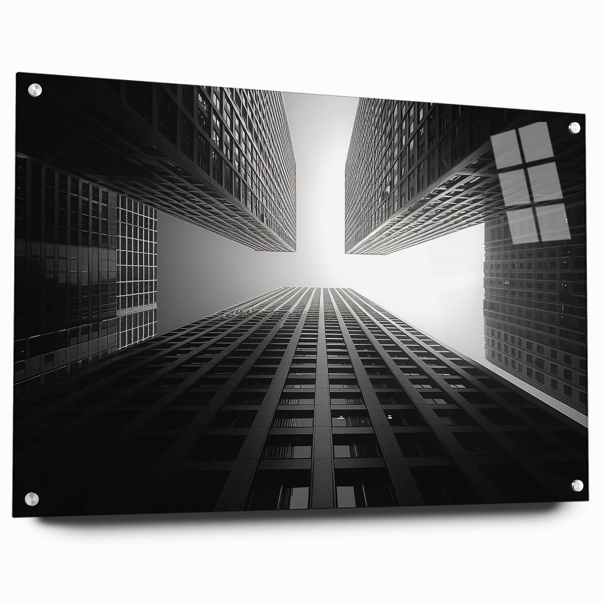 Acrylic print of a large abstract skyscraper design in neutral tones, suitable for bedroom or dining room decor.