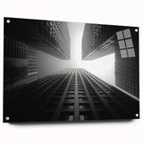 Acrylic print of a large abstract skyscraper design in neutral tones, suitable for bedroom or dining room decor.