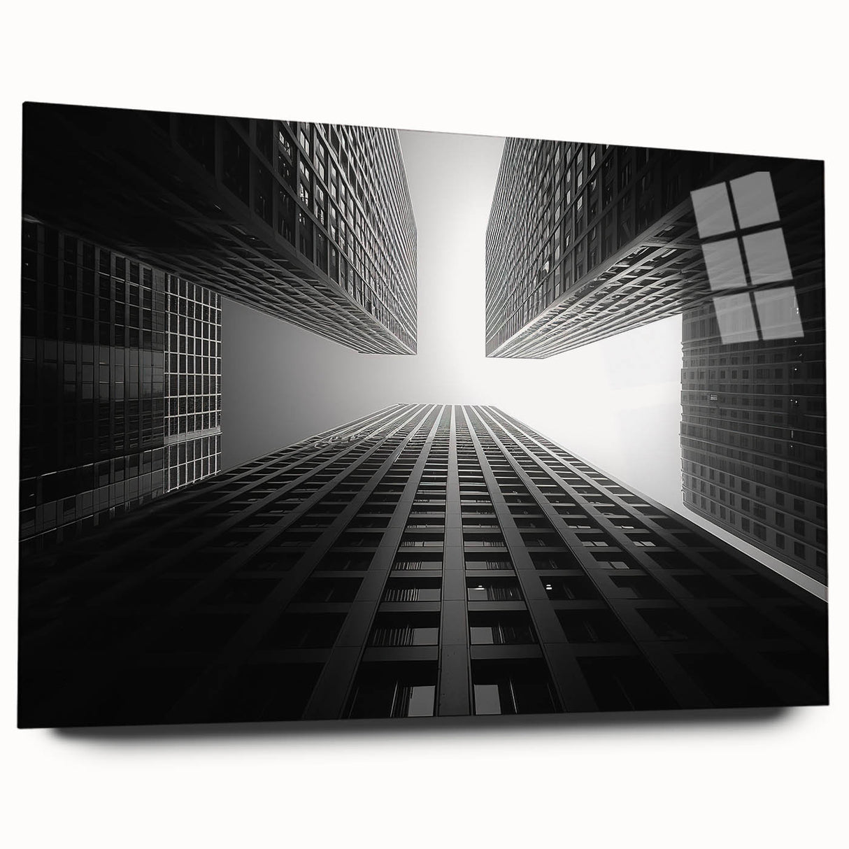 Large abstract acrylic print featuring a panoramic skyscraper design in cool gray tones.