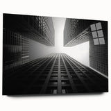 Large abstract acrylic print featuring a panoramic skyscraper design in cool gray tones.