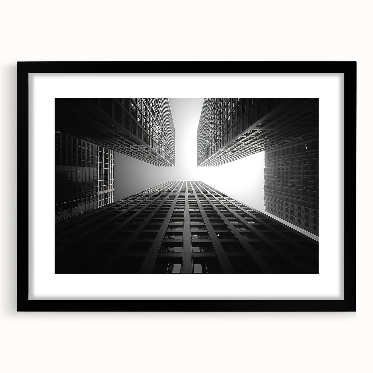 Extra large abstract art print of colorful skyscrapers on a textured canvas, framed in black, suitable for living room decor.
