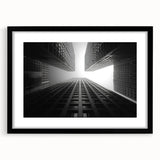 Extra large abstract art print of colorful skyscrapers on a textured canvas, framed in black, suitable for living room decor.