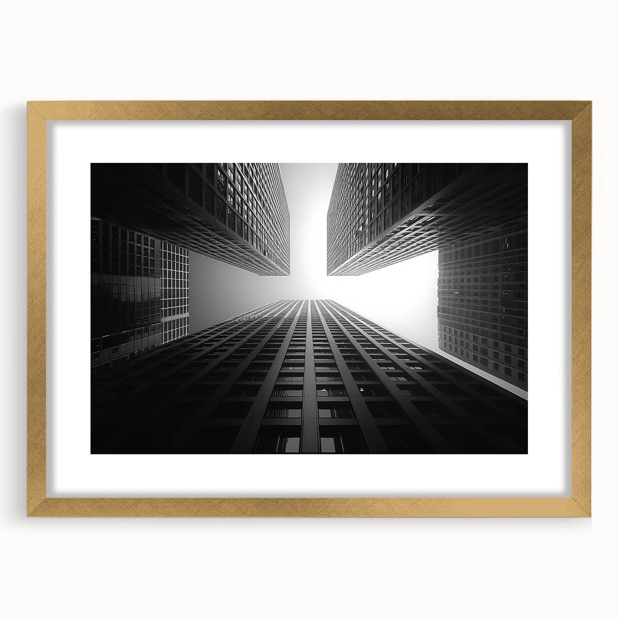 Textured abstract art print of skyscrapers in gold frame, with muted earth tones, ideal for bedroom art.