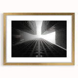 Textured abstract art print of skyscrapers in gold frame, with muted earth tones, ideal for bedroom art.