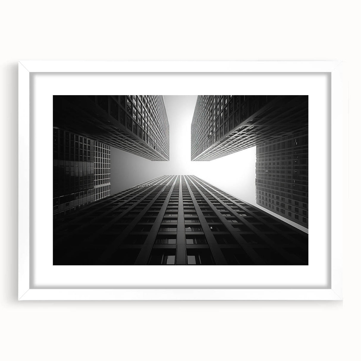 Extra large abstract art print featuring textured skyscraper design in muted grays, framed with a white mat.