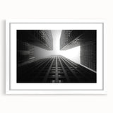 Extra large abstract art print featuring textured skyscraper design in muted grays, framed with a white mat.