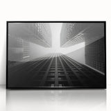 Large abstract wall art featuring a black and white skyscraper design on an acrylic print, suitable for modern office decor.