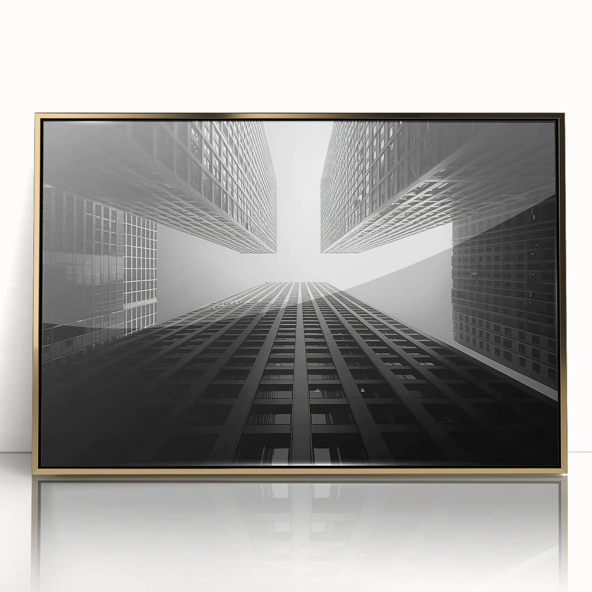 Mid-century modernist skyscraper design in gold and black tones on a framed acrylic, suitable for modern art wall decor.