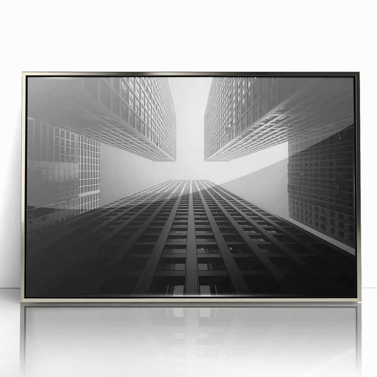 Art deco poster of a skyscraper, in silver and gray tones, acrylic print framed, suitable for modern art wall decor.