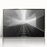 Art deco poster of a skyscraper, in silver and gray tones, acrylic print framed, suitable for modern art wall decor.