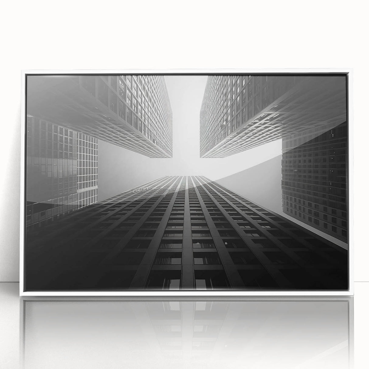 Mid-century modernist skyscraper design in muted gray tones on a framed acrylic, suitable for modern art wall decor.