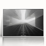Mid-century modernist skyscraper design in muted gray tones on a framed acrylic, suitable for modern art wall decor.