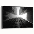 Black and white wall art of a vintage skyscraper design on framed canvas, suitable for bedroom decor.
