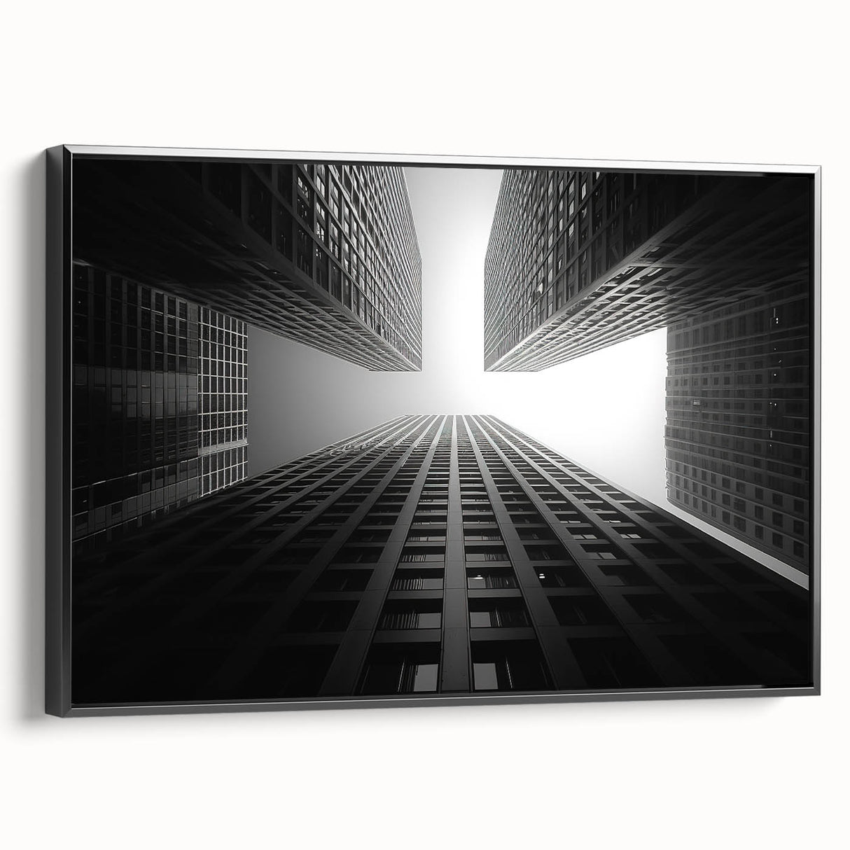 Black and white wall art of a vintage skyscraper design on framed canvas, suitable for bedroom decor.