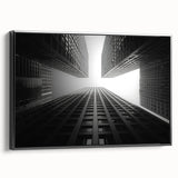 Black and white wall art of a vintage skyscraper design on framed canvas, suitable for bedroom decor.