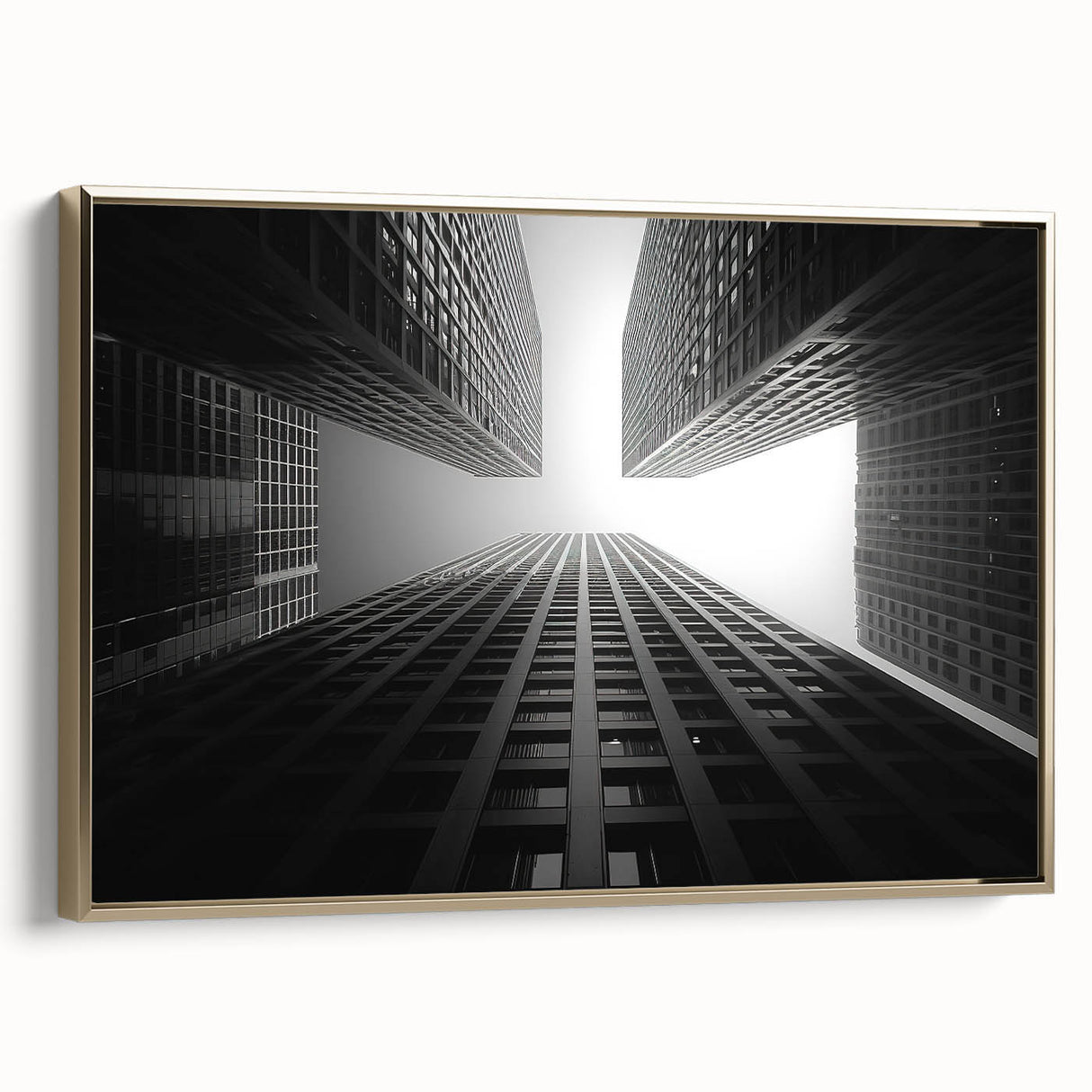 Framed canvas featuring a vintage-style skyscraper landscape in black with colorful accents, ideal for an office setting.