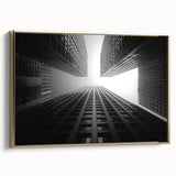 Framed canvas featuring a vintage-style skyscraper landscape in black with colorful accents, ideal for an office setting.