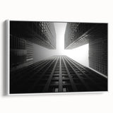 Framed canvas featuring a monochrome vintage poster of a skyscraper, ideal for bedroom wall art.