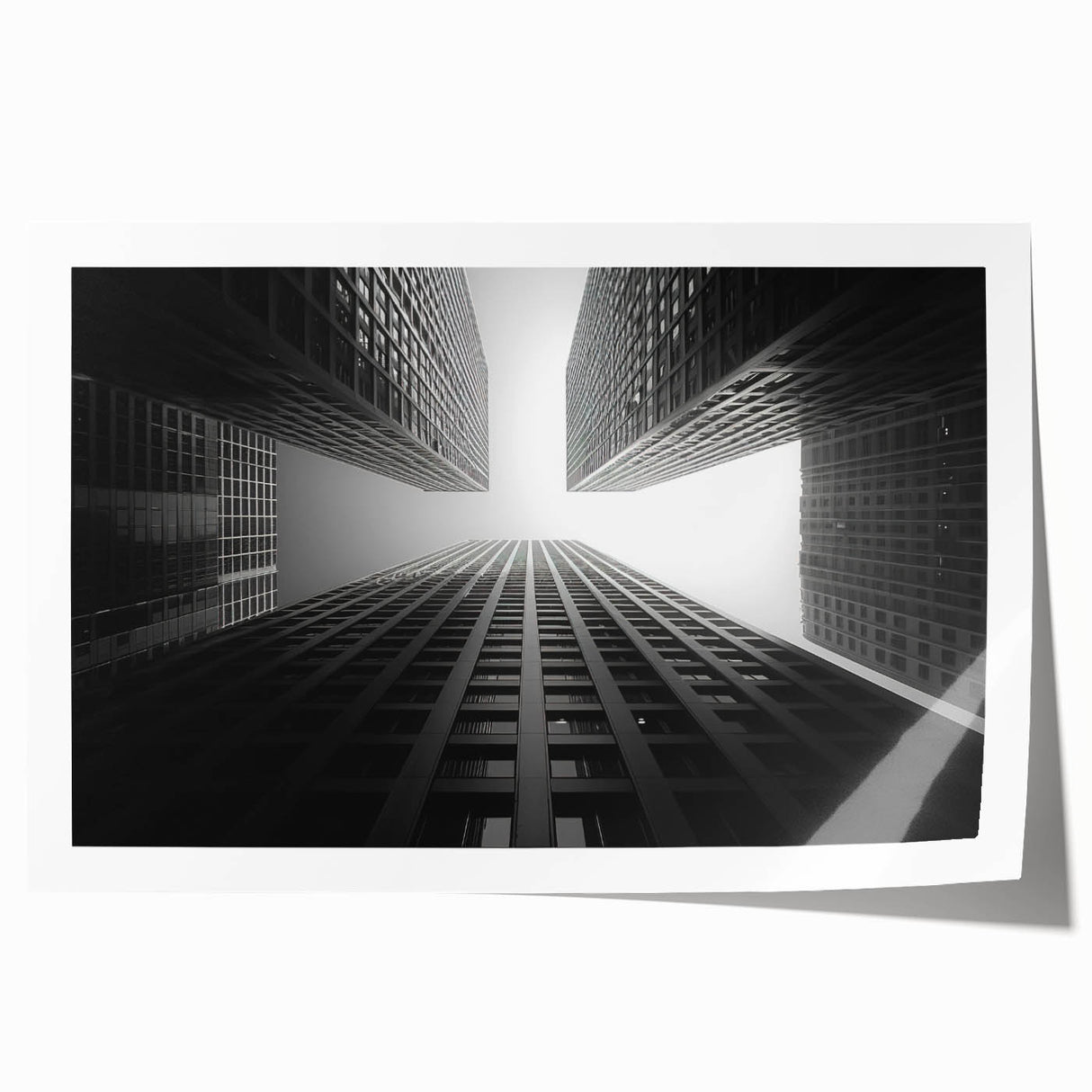 Rolled print of a skyscraper architecture design in monochrome shades, suitable for modern dining room decor.