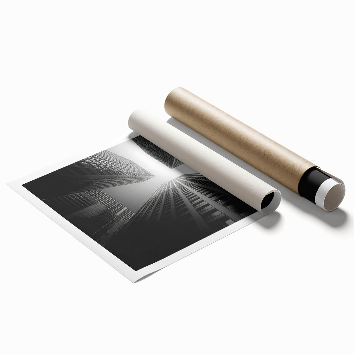 Rolled print of a skyscraper design, using gray and metallic tones, ideal for classy bathroom wall art.