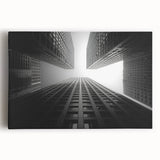 Black and white photo of a skyscraper on stretched canvas, ideal for kitchen wall art.