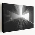 Large canvas print of a modern skyscraper in muted gray, ideal for kitchen wall art.