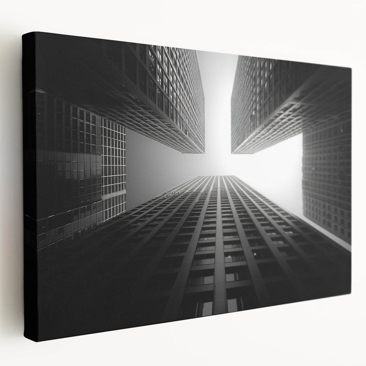 Large canvas print of a modern skyscraper in muted gray, ideal for kitchen wall art.