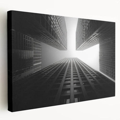 Large canvas print of a modern skyscraper in muted gray, ideal for kitchen wall art.
