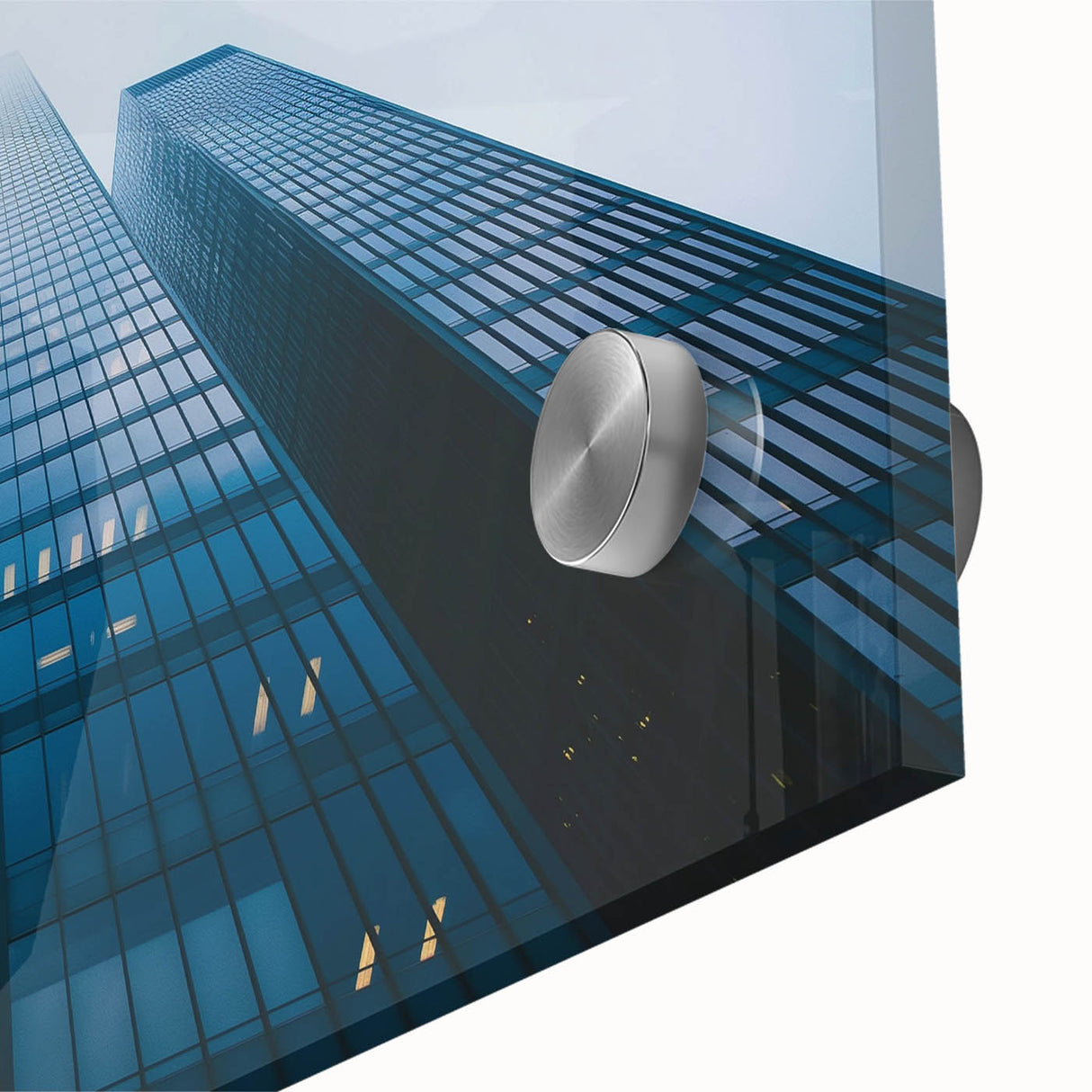 Mid-century modernist acrylic print of abstract skyscraper design in muted gray, ideal for dining room art.