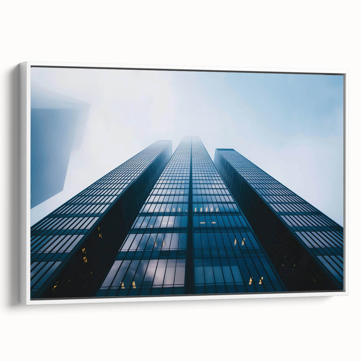 Framed canvas featuring a monochrome vintage skyscraper design, ideal for bedroom wall art.