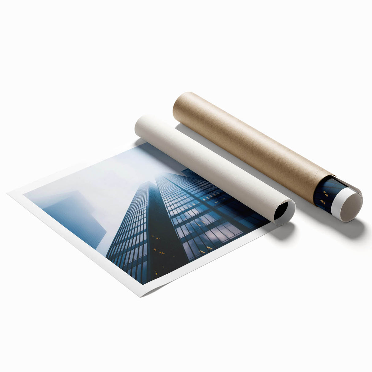Extra large rolled print of a skyscraper design in muted gray tones, suitable for classy bathroom wall art.