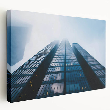 Side view of a large stretched canvas featuring a grayscale architectural skyscraper design, suitable for kitchen wall art.